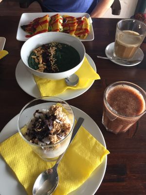 Vegan Omelette, Smoothie Bowl, Bounty Granola, Coffee, Cherry Smoothie at Slow Foodiez in Budapest