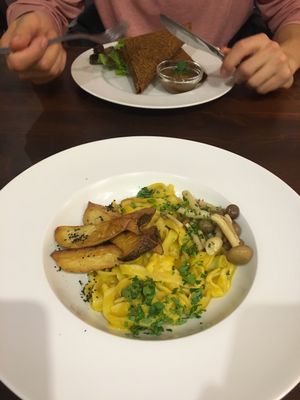 Perfect pumpkin pasta with delicious eringi and shimeji mushrooms  at Slow Foodiez in Budapest
