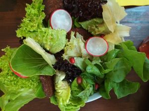 Salad with grilled(?) tempeh, as served in November 2018. at Slow Foodiez in Budapest