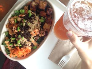 seoul bowl with BBQ miso tofu and a strawberry sage kombucha at Whole Heart Provisions in Allston