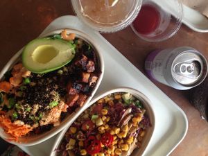 seoul bowl with avocado and BBQ miso tofu and tazon bowl at Whole Heart Provisions in Allston