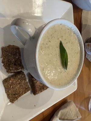 Corn chowder and an almond base, dehydrated pulp crackers  at Right Path Organic Cafe in New London