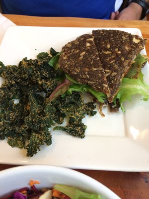 Sun burger on onion bread with kale chips at Right Path Organic Cafe in New London