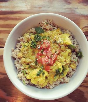 Coconut, mango, cauliflower, chickpea curry over rice. at Right Path Organic Cafe in New London