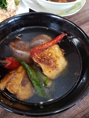 Yong tauhu (stuffed tofu and veggies) 1.50 a piece. You can choose to have it served in soup or with sauce at One Two Tree - Maybe closed in Kluang