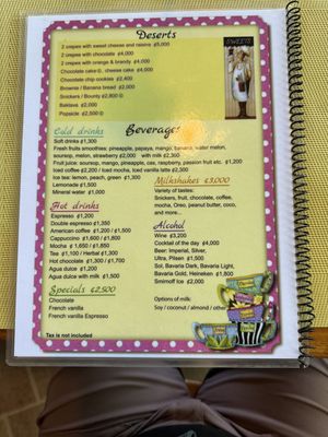 Menu of roadside cafe  at Lands in Love - Vegan Hotel & Resort in Alajuela