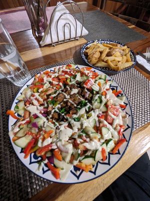 Shawarma plate. Very good, the soy "meat" was nicely spiced. at Lands in Love - Vegan Hotel & Resort in Alajuela