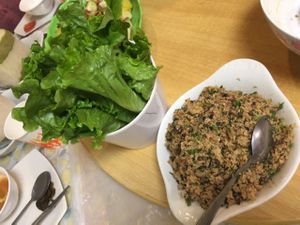 Stir-fried minced soy meat wrapped in lettuce at Cheng Si Jie Thai Private Kitchen 鄭​師姐泰式素食私房菜 in Kowloon