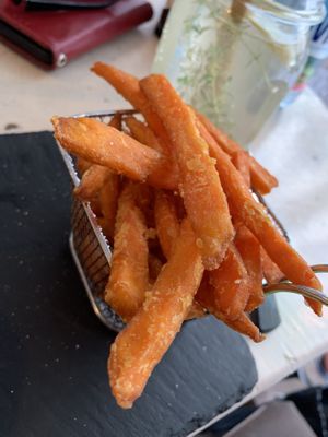 Sweet potato fries. As an American, I had with ketchup, but these are truly SWEET sweet potato fries! at Veggiezz - Am Salzgriess in Vienna