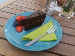 Tiny, dry, expensive sacchertorte at Veggiezz - Am Salzgriess in Vienna