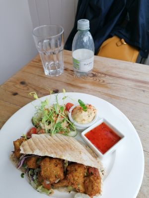 Toasted pitta with chickpea & sweetcorn fritters at The Veggie Cafe in Ilkley