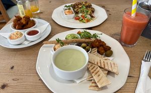 Top: Welsh Rarebit (v), Bottom: soup & mini mezze (ve), Left: cauliflower and chickpea bites (ve) 😋  at The Veggie Cafe in Ilkley