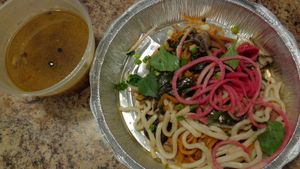 Tom Yum soup to go. Broth and noodles/veggies packaged separately for freshness. at Crumb & Spigot in Chagrin Falls