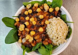 Organic Salad Greens topped with Award-Winning Hearty Bean Vegan Chili, Chickpeas and Non-GMO Brown Rice. at Grazers Restaurant in Kent