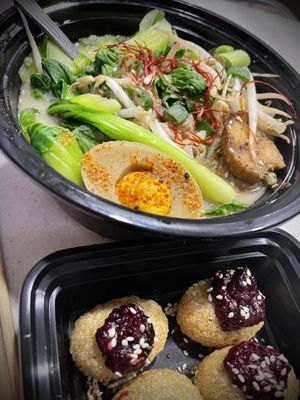 Beet tuna and gluten-free OG Ramen with v egg   at Ramen Hood in Los Angeles