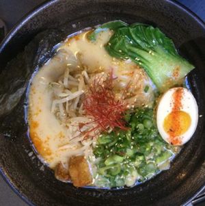 ramen noodle bowl with vegan egg at Ramen Hood in Los Angeles