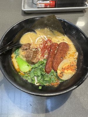 Spicy garlic katsu ramen with a vegan egg  at Ramen Hood in Los Angeles