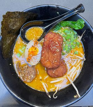 spicy “pork” katsu garlic ramen   at Ramen Hood in Los Angeles