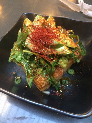 Crispy Rice - was good but they went overboard with all the different flavors. Too much going on. at Ramen Hood in Los Angeles