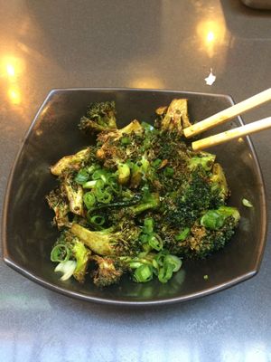 Broccoli - like the way they like to do Brussel sprouts these days - with waaay too much sweet soy vinegar stuff. It soaks into it and at the bottom of the bowl it's just soggy salty mush. Believe it or not though, I still liked it. at Ramen Hood in Los Angeles