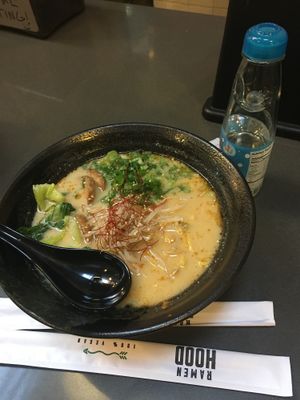 Spicy ramen and a Ramune soda at Ramen Hood in Los Angeles