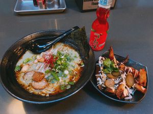 Garlic ramen with poutine fries at Ramen Hood in Los Angeles