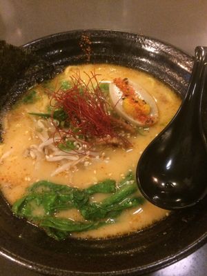 Spicy ramen with vegan egg at Ramen Hood in Los Angeles
