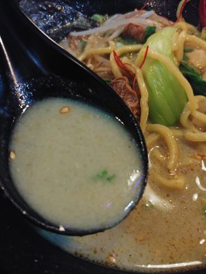 Close up of the Garlic Ramen Broth, delicious 😋 at Ramen Hood in Los Angeles