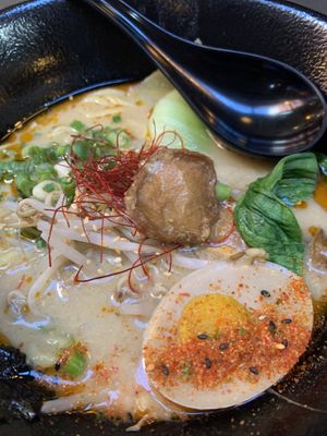 Garlic ramen with their signature vegan egg! at Ramen Hood in Los Angeles