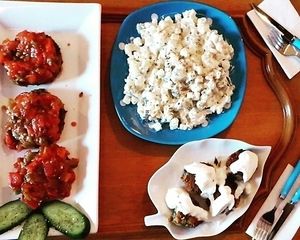 Noodle Salad & potato balls & vegan köfte  at KafeNAsanat in Istanbul