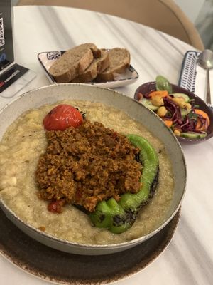 Turkish plate with eggplant and vegan meat  at KafeNAsanat in Istanbul