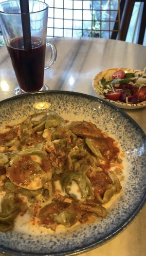 Spinach manti and hibiscus lemonade.   at KafeNAsanat in Istanbul