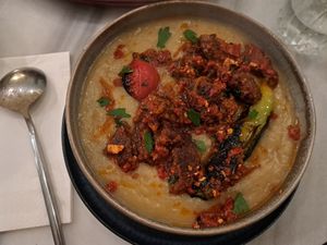 Turkish traditional dish made vegan (with eggplant and vegan meatballs) at KafeNAsanat in Istanbul