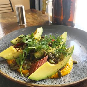 Avo, pumpkin, rhubarb, coffee and herbs at Gather in Northbridge
