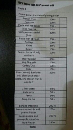 menu at Spaghetti and Samosas in New Delhi