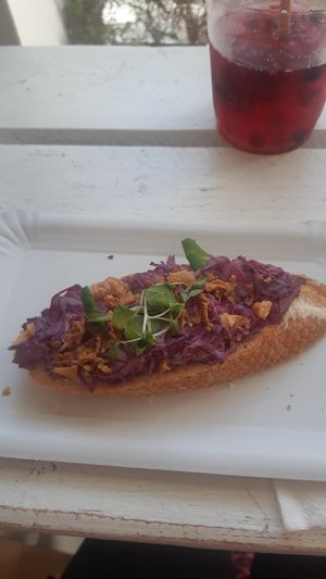 Chlebícheck with red cabbage-based dressing at Chlebíček Store in Prague