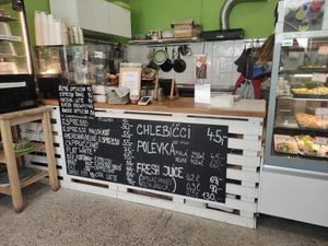 Drinks and cakes at Chlebíček Store in Prague