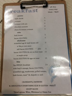 Breakfast menu at Bliss & Chips in Newtown