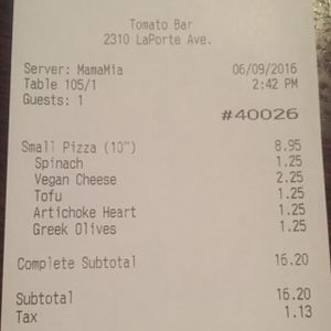 awesome topping choices! at Tomato Bar Pizza Bakery in Schererville