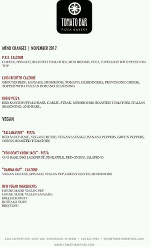 Vegan Menu is updated with more options as of Nov. 2017 at Tomato Bar Pizza Bakery in Schererville