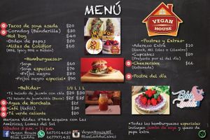 Our updated menu! In collaboration with Blue Laddu, now we offer different baked goods every Saturday, all vegan and delicious.

Also introducing new favorites such as soy and mushroom tacos and cauliflower wings. at Vegan House in Culiacan