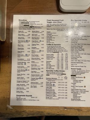 Smoothie menu  at Joy Cafe in Philadelphia