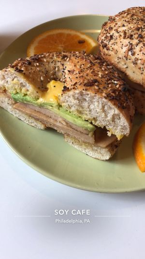 Everything bagel with vegan ham, avocado and soy cheese. at Joy Cafe in Philadelphia