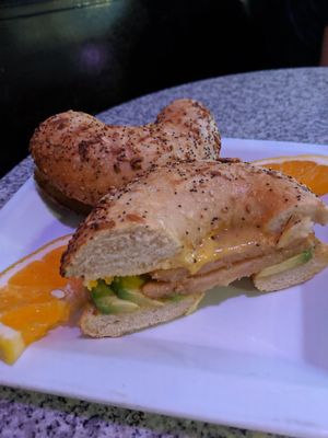 Bagelwich with "ham" cashew cheez Avacado and mustard sauce at Joy Cafe in Philadelphia