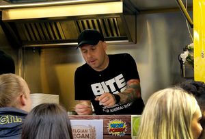 Working hard :-) Loving Hut @3rd Vegan Garden Party @CryBabyTattooBelgium, Ghlin (Mons), Belgium. at Loving Hut Express - Food Truck in Brussels