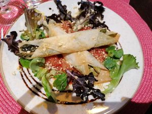 Asparagus on tomato sauce at Dona Flor Cafe in Cascais