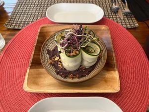 Zucchini with sweet potato purée  at Dona Flor Cafe in Cascais