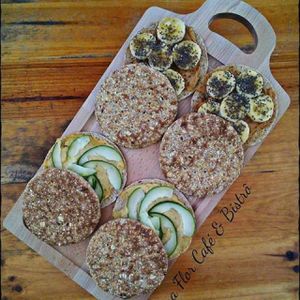 Vegan Summery Sandwiches:
- Banana, peanut butter and chia
- Hummus and cucumber  at Dona Flor Cafe in Cascais