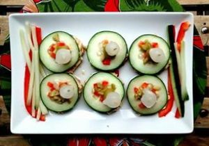 Cucumber MIni "sandwich" filled with our special humus - Vegan! at Dona Flor Cafe in Cascais