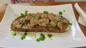 Tartine - mushrooms, white wine sauce and mustard at Dona Flor Cafe in Cascais